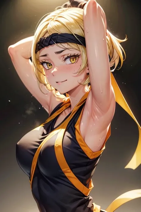 8k high resolution, detailed face, detailed body, perfect body, ultra high quality, 1 girl, sleeveless shirt, arms up, armpit, sweating, black headband, yellow eyes, sweating, sweaty armpits