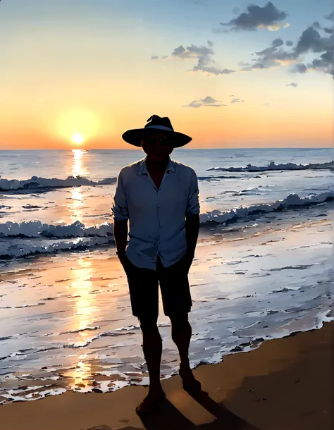 there is a man standing on the beach with a hat on, at a beach, at the sea, standing at the beach, beach pic, about 3 5 years old, in the beach, at beach at sunset, at the beach, full body photogenic shot, very very low quality picture, posing on a beach w...