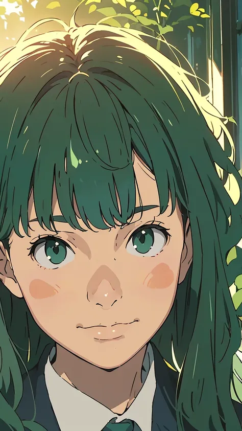 green eyes, (green hair),((wavy hair)), uniform,one girl, alone,very beautiful, best quality, amazing quality, curated, shape, highly detailed, anime coloring,highly detailed, official art, warm tones, sun flare, soft shadows, vibrant colors,highly detaile...