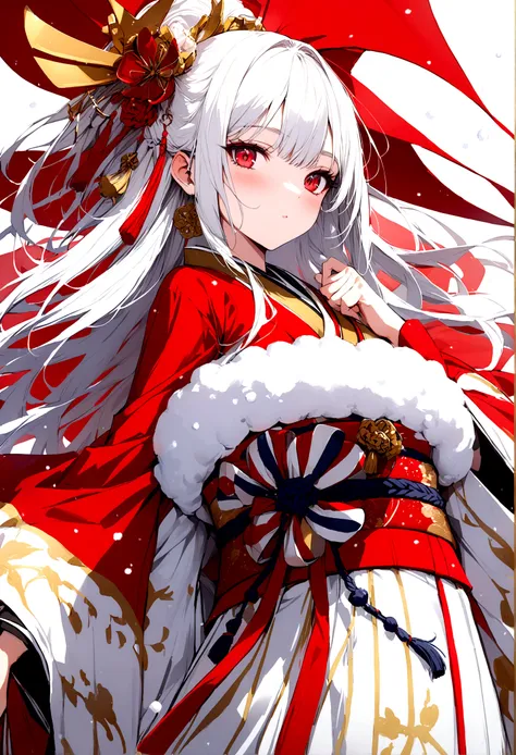 Samurai scarlet red eyes, and hair as white as snow, kimono and black and gold