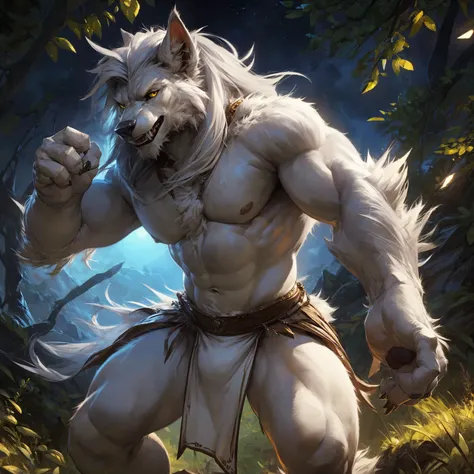 ultra-detailed, masterpiece, masterwork, high quality, best quality, hdr, (nature, night), posted on e621, (by darkgem), nsfw, male, solo, (white little body werewolf), canine, (long  silver hair, yellow eyes, white body, roar), stylish pose, dynamic angle...