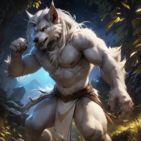 ultra-detailed, masterpiece, masterwork, high quality, best quality, hdr, (nature, night), posted on e621, (by darkgem), nsfw, male, solo, (white little body werewolf), canine, (long  silver hair, yellow eyes, white body, roar), stylish pose, dynamic angle...