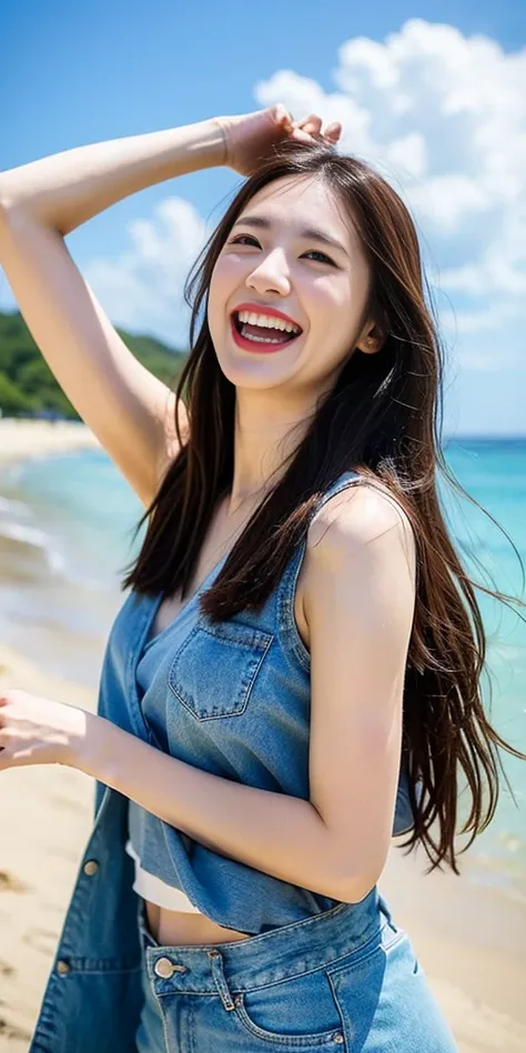 Top quality, one beautiful woman, summer fashion, at beach, Big Laugh