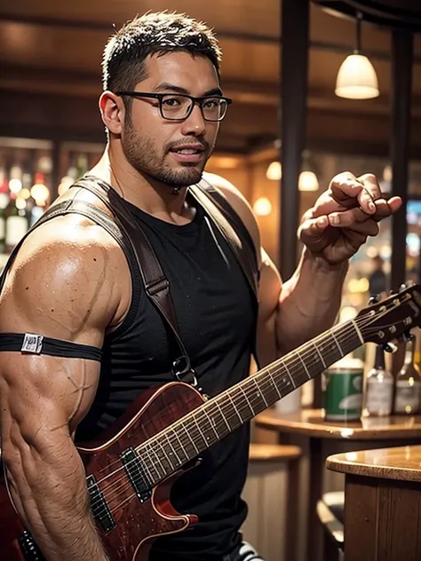 crew cut, (((full body))), (((landscape))), mature man, [slightly fat], asian man, rounded face, brown eyes, ((rounded face)), glasses, balding, 1boy, Solo, (big shoulders), (((stubbles, Short beard))), playing guitar and sing, in the bar, people cheering,