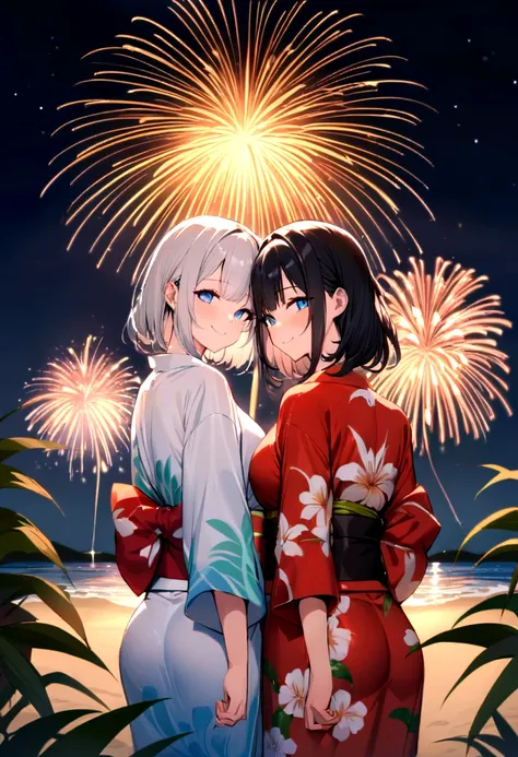 masterpiece, best quality, Summer Kimono,Light-colored kimono，White-headed flower，Flowering, Blue Eyes，firework, firefly，reed bush, Smile, Night Sky, Black hair，（Back），Beach