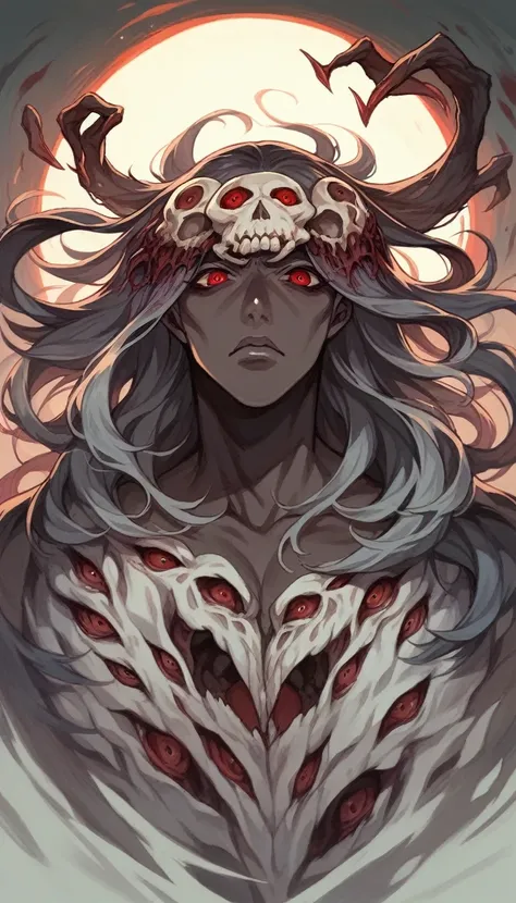 horror skull dokuro faced"traditional wafuku″monster, Japanese youkai monster, undead style, dark skin tone, red eyes and lips, 8k,dynamic angle