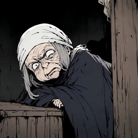 Very old woman, In a dark place,Looks like a corpse, Half of your face is deformed, Angry expression, Gray short hair, Pale and wrinkled skin, pupil, Hunchback posture, With penetrating and, Long black cape, Torn clothes, There is a raven feather cape on t...