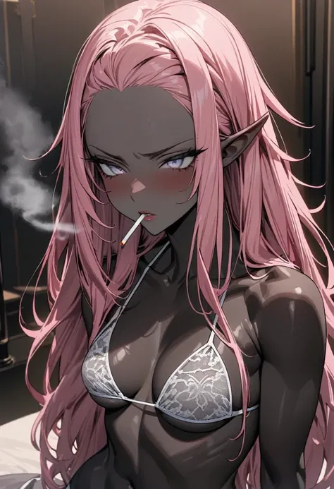 (solo:2, black skin 1000 yo cool elf woman, Dreadlocks:1.4 pink hair long hair, sexy silver eyes, smoking Cigarette in mouth, glossy lips, serious face, blushing), (in a detailed sexy Micro:1.2 Bikini with red line lace), break, in the castle Dressing room...