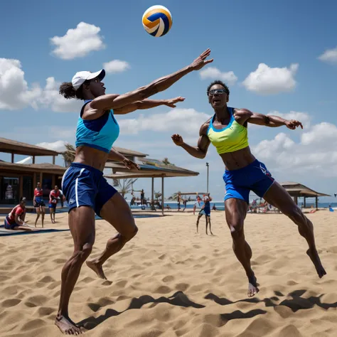 a woman playing beach volleyball, toned athletic body, hands reaching for the ball, sand and ocean in the background, blue sky w...