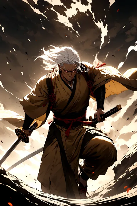 Samurai man with long white hair and scarlet eyes wearing a black and gold kimono wielding a katana 