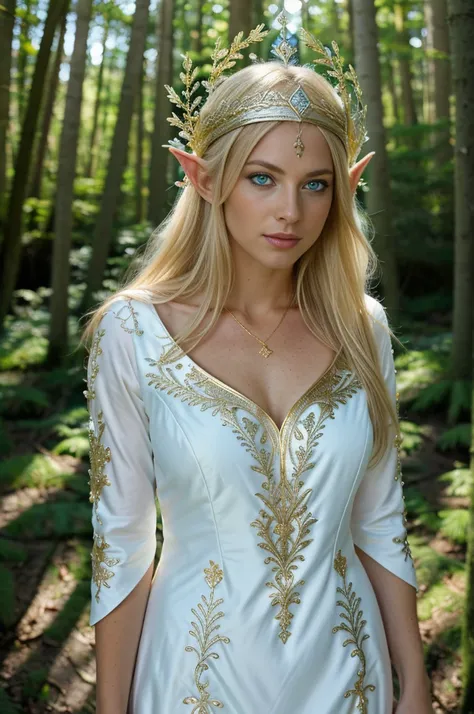 (masterpiece),(best quality),(ultra-detailed),(corpo inteiro),(high resolution),(floating),(dynamic pose),(blue eyes),(blonde hair),(white dress),(silver and gold embroidery),(elvish headdress),(beautiful and serene face),(glowing aura),(forest),(volumetri...