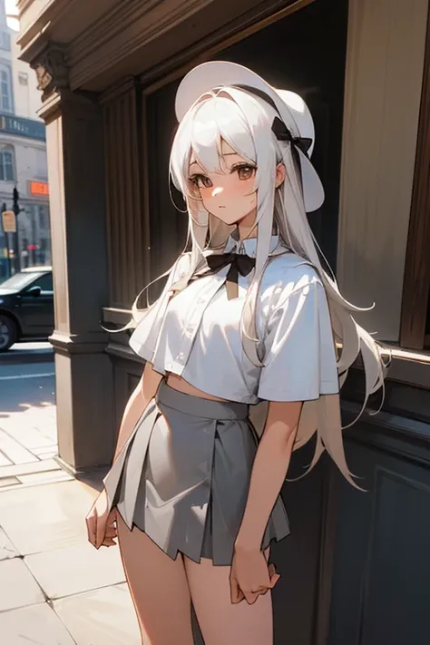 masterpiece, high quality, 最high quality, beautiful, High resolution, Perfect lighting, Detailed face, Detailed body, 1 Girl, alone, (Long white hair), Brown eyes, Medium chest, ((White underwear)), ((Grey short skirt)), (Grey hat), In front of the cafe,