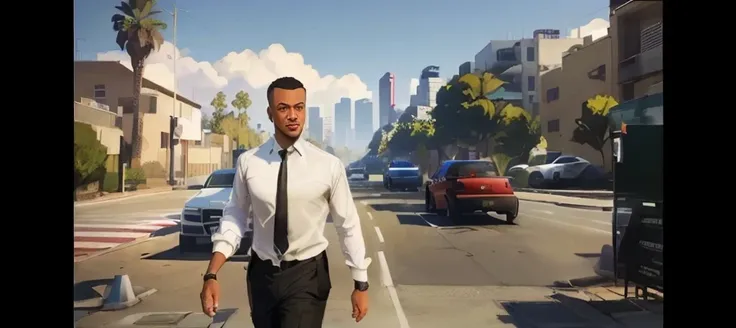 a closeup of a man in a tie and shirt walking down a street, GTA5 style, Style GTA V, GTA V style, as gtav character, Estilo urbano GTA V, gta character, gta v character, gta 6 style, Elon Musk a GTA V, as the protagonist of gta 5, Mark Zuckerberg en GTA V...