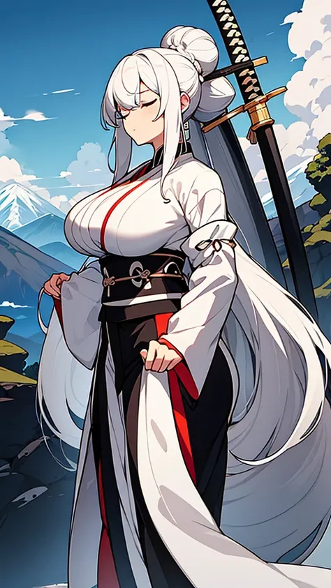 1woman, long white hair, one bun, closed eyes, serious face, white kimono with black fire print, long white stockings, black sandals, katana on the back, big breasts, big ass, mountain background