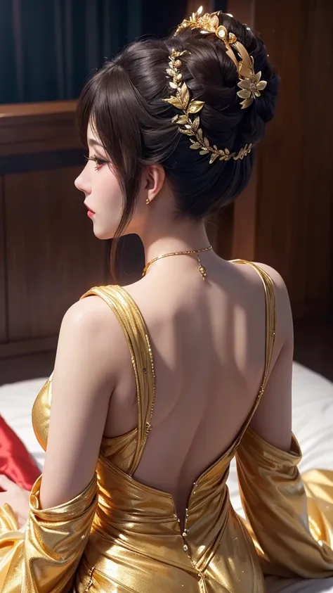 a close up of a woman in a gold dress laying on a bed,((,look from behind)), ((up Budd)) , extremely detailed artgerm, 8k high quality detailed art,  extremely detailed goddess shot