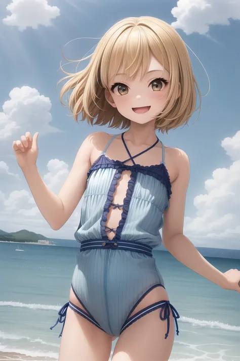 2 girl,10 years old,Girl,,Flat Chest,In underwear,Highest quality、High resolution、Detailed Background、Beautiful face in every detail、Teenage Beauty、Blonde、Bobcut、Big smile、boost mood、 Summer sun、Shining Sea,Hands behind back
