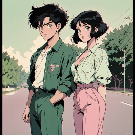 anime girl, 40s anime, vintage classic anime aesthetic, mono pink, green shirt, short jumpsuits, long black hair, cleavage next to anime boy, 40s anime, vintage classic anime aesthetic, white  shirt, short jumpsuits, black hairr. late afternoon, standing o...