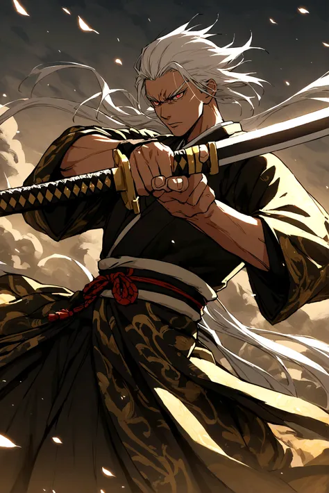 samurai man,Youngh,with long white hair and scarlet eyes wearing a black and gold kimono wielding a katana 