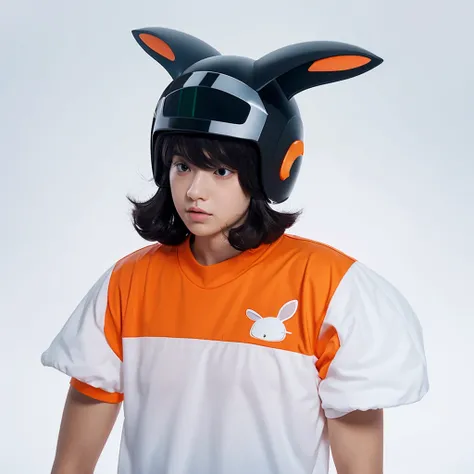 Create a realistic avatar with orange shirt white body and a black bunny helmet