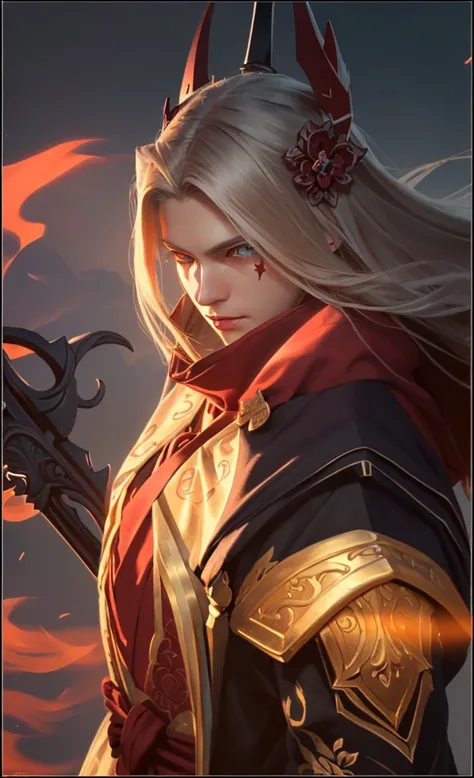 a close up portrait of a man holding a sword, extremely detailed face, detailed eyes, detailed nose, long hair, japanese onmyoji, magical onmyoji robe, onmyoji attire, ornate onmyoji accessories, mysterious onmyoji expression, dramatic onmyoji lighting, da...