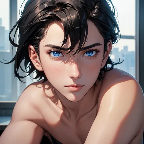 (8K, Best Quality, Masterpiece, Ultra High Resolution) 1 Male, Man, Beautiful Eyes, Face Details, Short Black Hair, Blue Eyes, Sunkissed Skin, Slender, Toned, Suit, Sitting at Desk, Best Quality, Upper Body, Looking at the Viewer, Facing Viewer, Close Up