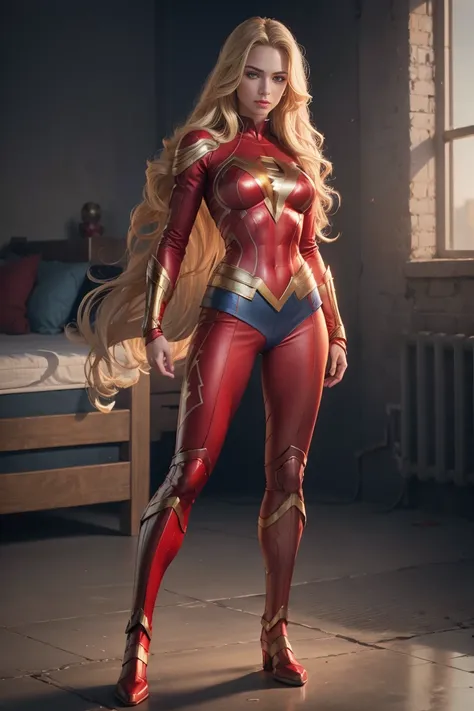 full body superheroine 14 years old  Wonder Girl blonde long wavy hair blue eyes red mouth tall muscular body. Red outfit. Warrior/superhero. standing straight, octane render photorealistic 