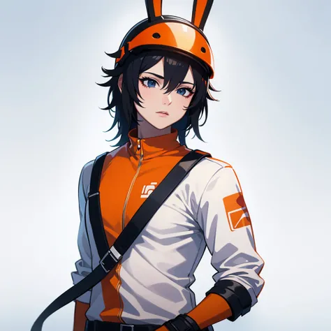 Create a realistic avatar with orange shirt white body and a black bunny helmet