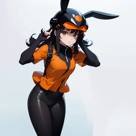 Create a realistic avatar with orange shirt white body and a black bunny helmet