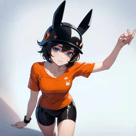 Create a realistic avatar with orange shirt white body and a black bunny helmet