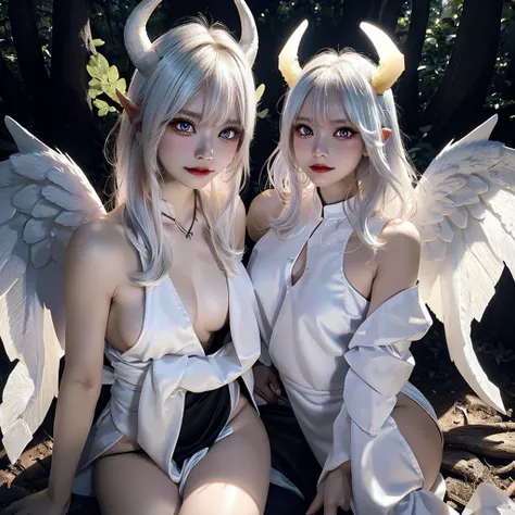 ((detailed)) A girl with pearly white skin, strong and muscular, with big angel wings and pointy black demon horns, she has yellow eyes and short spikey white hair, shes sitting naked in a forest, small , dramatic lighting, fantasy, fictional