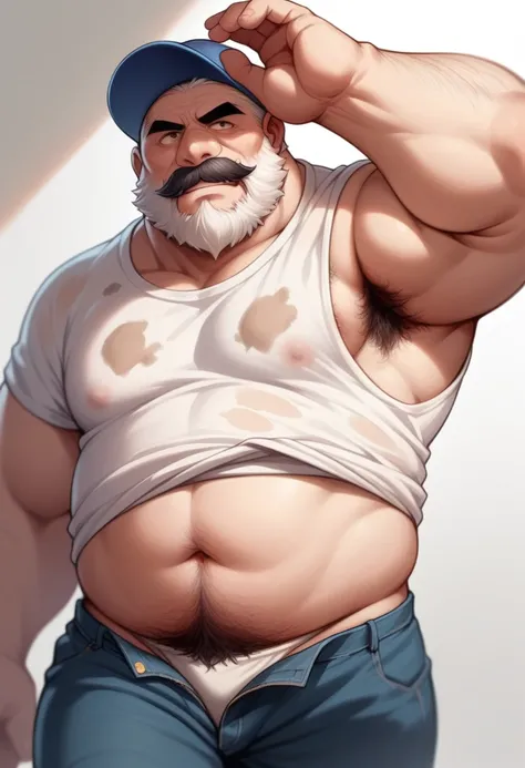 Dwarf Uncle　Long, large white beard　Black mustache　Frowning　Deep wrinkles on the face　A worn-out running shirt　Hairy body hair　　The shirt is rolled up a little, exposing her belly hair and pubic hair.　Bikini pants　Place your hands on the brim and back of y...