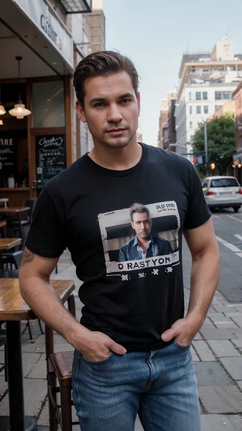 Generate me a realistic handsome goss businessman in portrait wearing t-shirt and jeans,There will be a cafe in the background