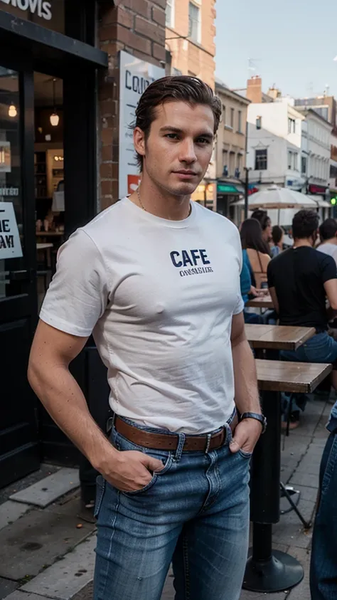 Generate me a realistic handsome goss businessman in portrait wearing t-shirt and jeans,There will be a cafe in the background