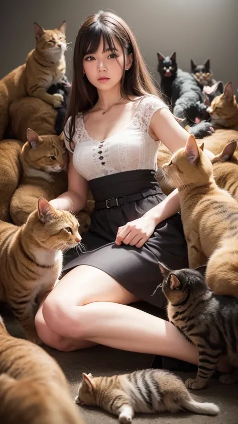 Woman surrounded by dozens of cats, dogs, and birds