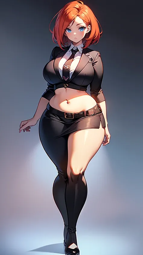 blank background, (((full body))), (masterpiece), ((best quality)), ((tall girl)), straight hair (curvy:1.8), (short skirt), shoes, belt below navel, redhead hair,, (black suit and tie), wide hips