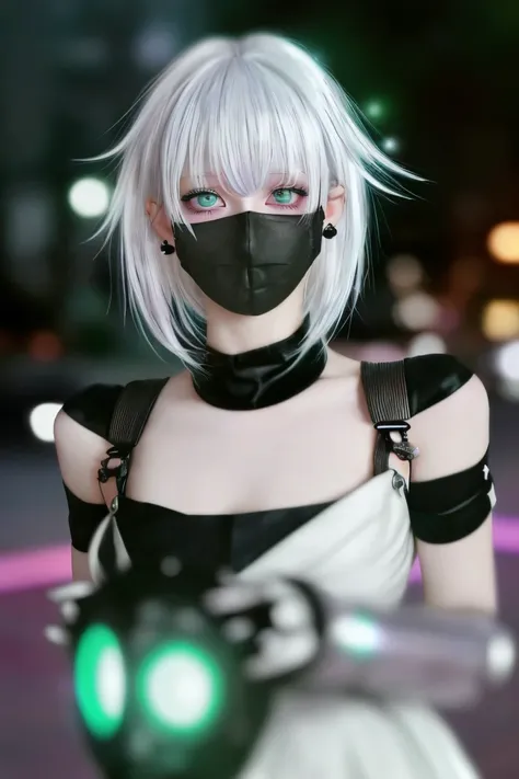 goth_punk, roblit, 1girl, robot, solo, walking in Harajuku, (night time:1.2), bokeh, neon light, (colourful background:1.2), iridescent eyes, starry sky, white shimmer hair, white eyebrows, glowing hair, (iridescent white hair), earrings, bangs, jewellery,...