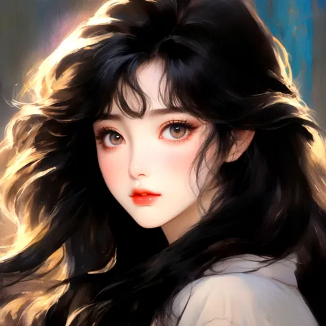 A beautiful anime girl，Eyes can be seen through the hair，Big bright eyes，Black long hair，faint blush，1980s anime style，dreamy realism，Portraiture，High Detail，8K，Aspect ratio 3:4，Anime model 5