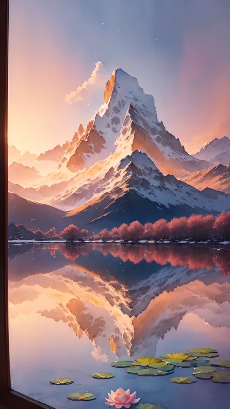 (Extremely detailed,Reality:1.37),(watercolor),(Lotus flowers floating in a transparent pond),(Snow-capped mountains reflected in the water mirror),(Using barrel distortion to create a sense of depth),(Beautiful sunset sky),(Vividly depict from foreground ...