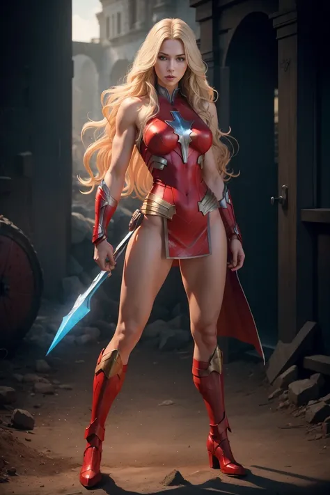 full body woman, blonde long wavy hair, blue eyes, red mouth tall muscular body. Red outfit.  Not slutty. Warrior/superhero. standing straight, octane render photorealistic 