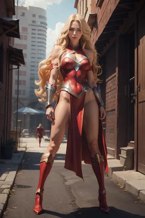 full body woman, blonde long wavy hair, blue eyes, red mouth tall muscular body. Red outfit.  Not slutty. Warrior/superhero. standing straight, octane render photorealistic 