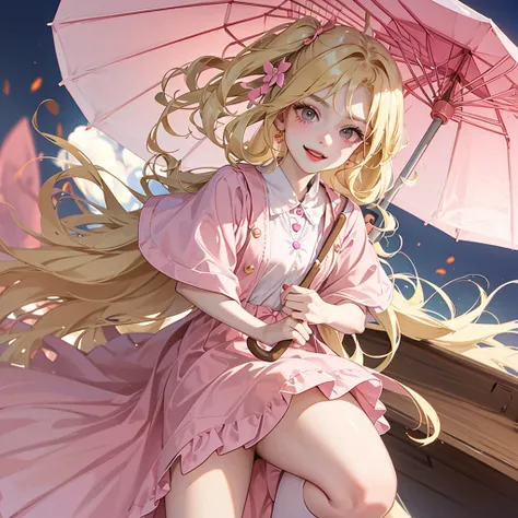  has blonde hair, with some brown highlights, besides wearing a pink vintage dress, and carries a bag with several explosives and a pink umbrella. wear a pink skirt, and a pink heel, besides wearing a lot of makeup, besides having a very mischievous smile 