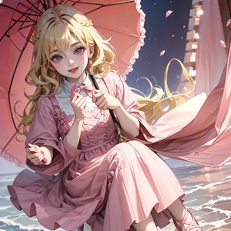  has blonde hair, with some brown highlights, besides wearing a pink vintage dress, and carries a bag with several explosives and a pink umbrella. wear a pink skirt, and a pink heel, besides wearing a lot of makeup, besides having a very mischievous smile 