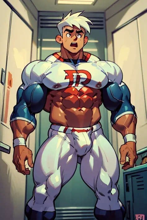 (Masterpiece) (Hyper muscular) (3 boys) Danny Phantom, ghost, hypnosis, jock, conversion, locker room hallway, hyper muscles, jockstrap, bro, meathead, hypnotized, brainwashed, brainwashing, big dumb jock, football. Glowing eyes. Hyper crotch bulge. Massiv...