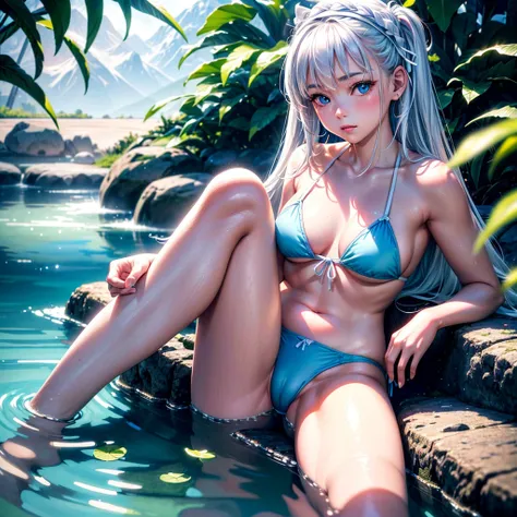 Tokidoki Bosotto a young girl sitting by a serene light blue lake, surrounded by lush vegetation and a snowy mountain in the distance, wearing a white bikini with a small red ribbon tied on the left side of her white hair, pale skin, white eyebrows and eye...