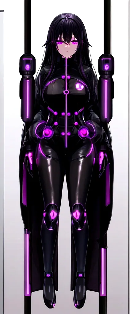 feminine) (Women) (black hair) (full body suit, tight) (ANDROID) (circular buttons on the torso) (purple eyes) (violets) (laboratory) (cables connected to it) (long black fur) (robotic body) (open front panel, showing cables and circuits inside)