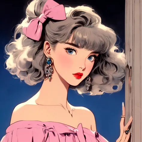 A retro girl（Cute:1.3 points）,（Eighties:1.4 points）,（Retro Hong Kong style:1.3 points），Vintage pictorial，Showa manga，1990s animation style，Vintage jewelry，Black short hair，earrings，necklace，Blue Eyes，Bow，Bust，clavicle，Pink lips，Off-shoulder tops，黑色necklace...