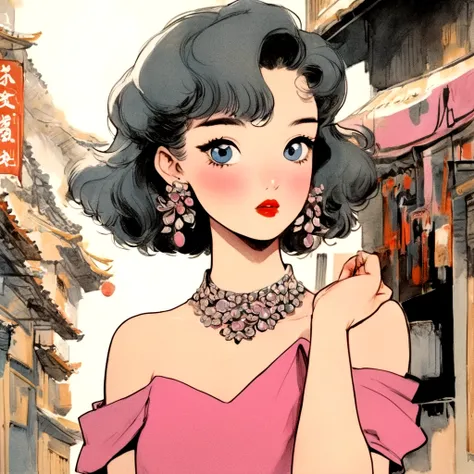 A retro girl（Cute:1.3 points）,（Eighties:1.4 points）,（Retro Hong Kong style:1.3 points），Vintage pictorial，Showa manga，1990s animation style，Vintage jewelry，Black short hair，earrings，necklace，Blue Eyes，Bow，Bust，clavicle，Pink lips，Off-shoulder tops，黑色necklace...