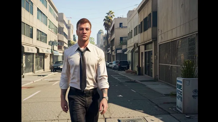 a closeup of a white man in a tie and shirt walking down a street, GTA5 style, Style GTA V, GTA V style, as gtav character, Estilo urbano GTA V, gta character, gta v character, gta 6 style, Elon Musk a GTA V, as the protagonist of gta 5, Mark Zuckerberg en...