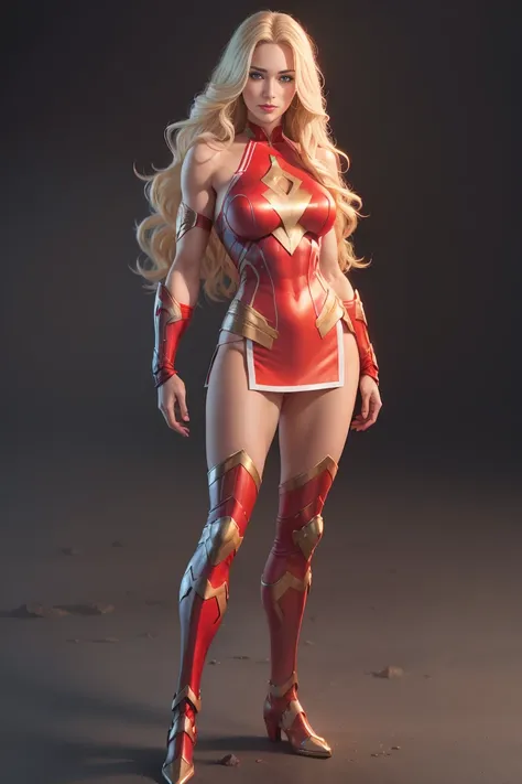 full body woman, blonde long wavy hair, blue eyes, red mouth tall muscular body. Red outfit. Warrior/superhero. standing straight, octane render photorealistic. Cutesy face. Wholesome expression. White background