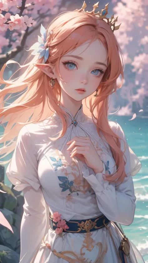 work of art, ultra epic details, ultra detaild, best resolution, orange hair like fire, olhos verdes esmeralda, long braided hair, ( BEAUTIFUL ELF ), (wearing a robust crown of blue and pink leaves and flowers on her head), { olhos ultra detailds }, (( ros...